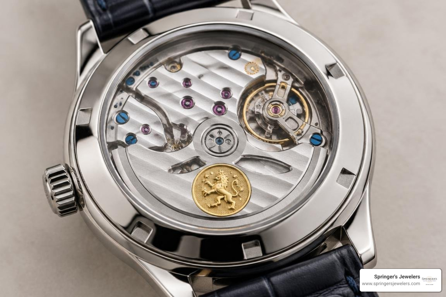 Grand Seiko Elegance exhibition case back showing hand finishing and movement details Grand Seiko Elegance exhibition case back showing hand finishing and movement details