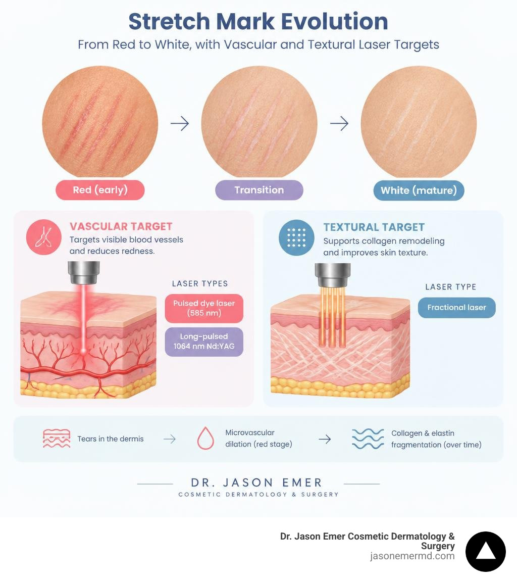 Stretch mark evolution from red to white, with vascular and textural laser targets infographic