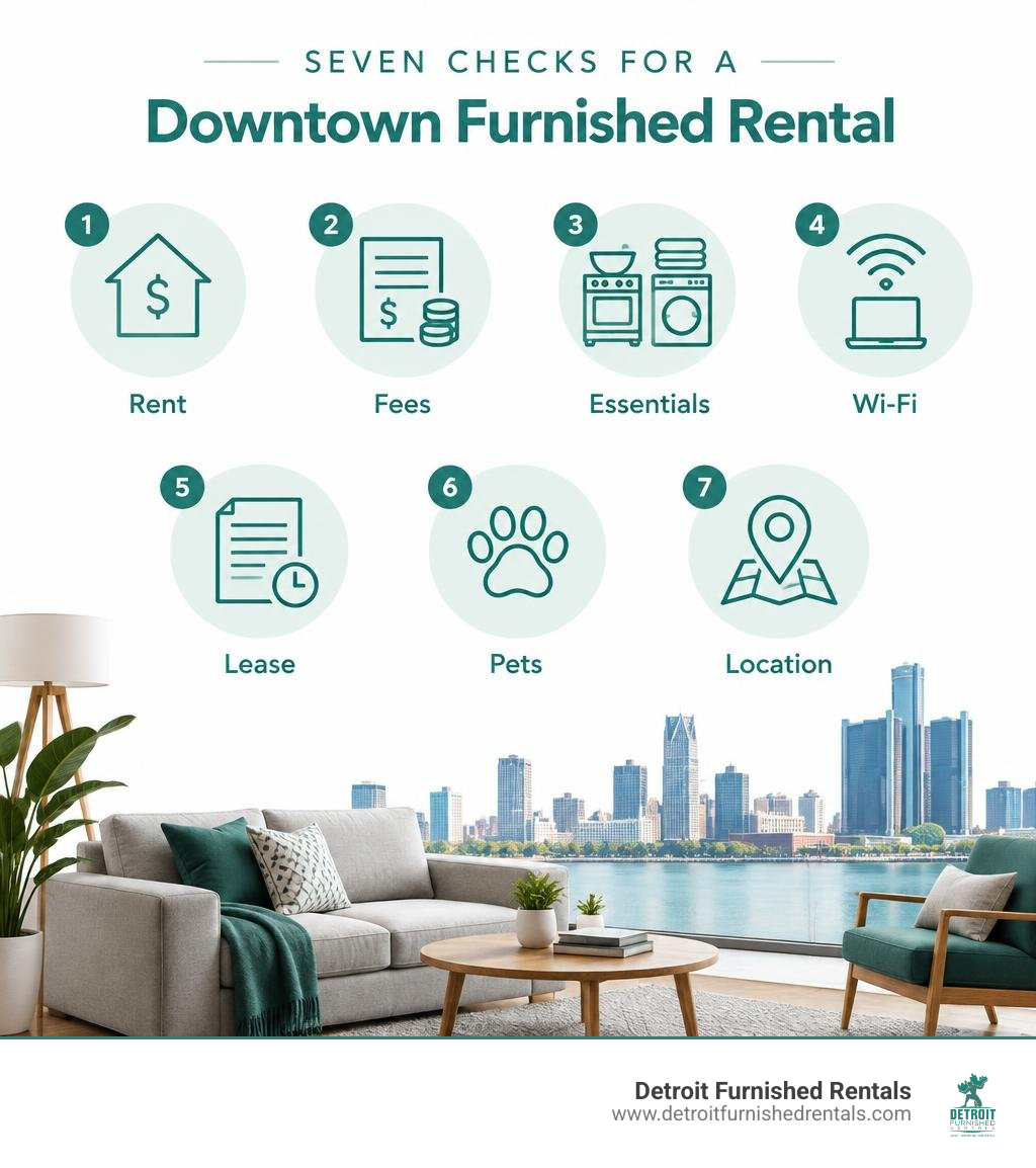 Seven checks for a downtown furnished rental: rent, fees, essentials, Wi-Fi, lease, pets, and location infographic