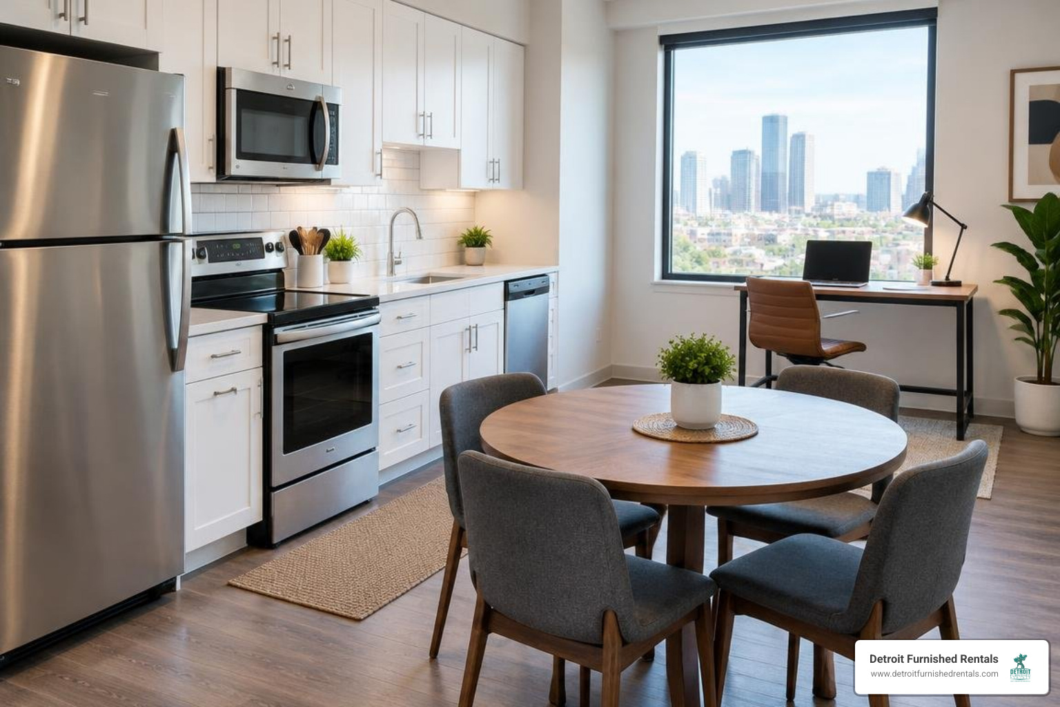 modern kitchen and dedicated workspace in an urban apartment