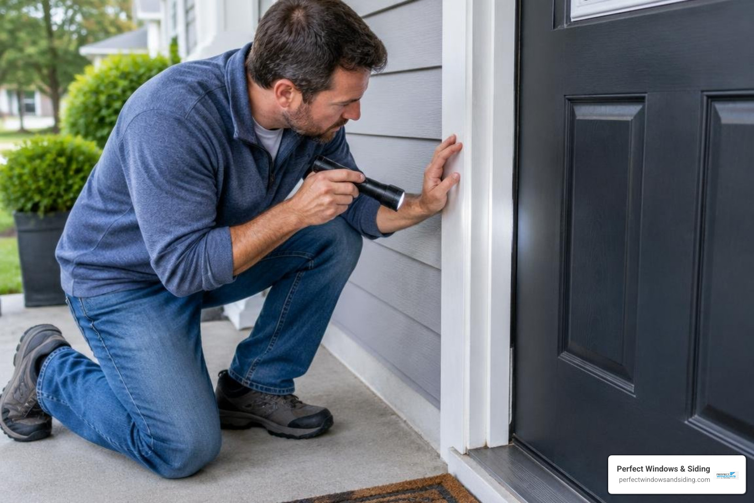 Homeowner inspecting weather seal gaps around an entry door Homeowner inspecting weather seal gaps around an entry door