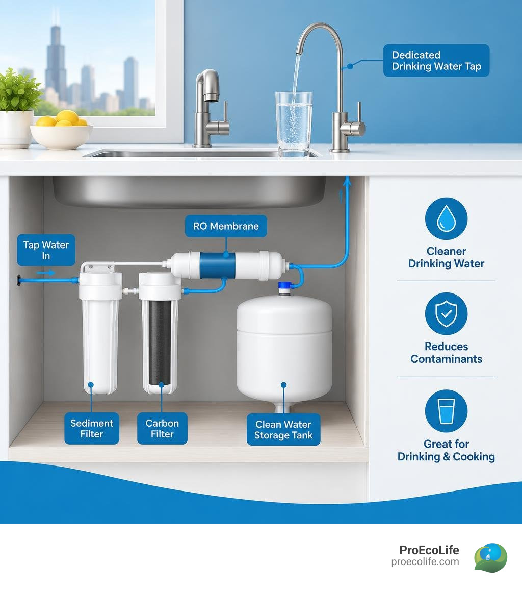 Infographic showing under-sink filters and an RO membrane supplying a dedicated drinking water tap infographic Infographic showing under-sink filters and an RO membrane supplying a dedicated drinking water tap infographic