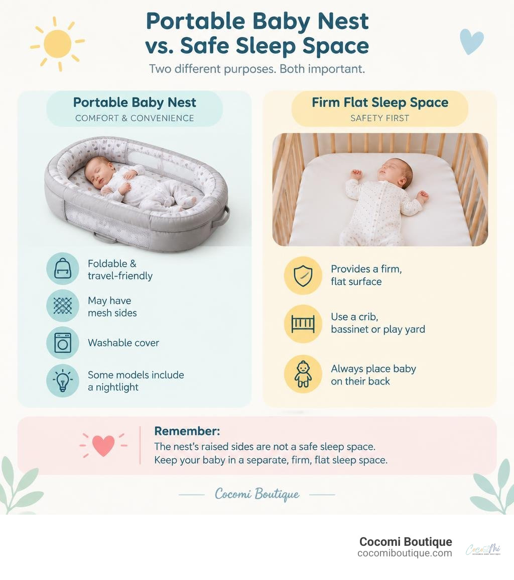 portable baby nest features compared with a separate firm flat infant sleep space infographic portable baby nest features compared with a separate firm flat infant sleep space infographic