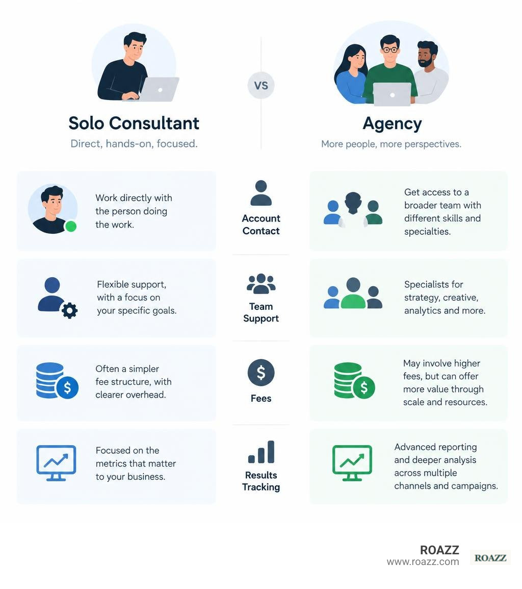 Comparison of solo consultant and agency by account contact, team support, fees, and results tracking infographic Comparison of solo consultant and agency by account contact, team support, fees, and results tracking infographic