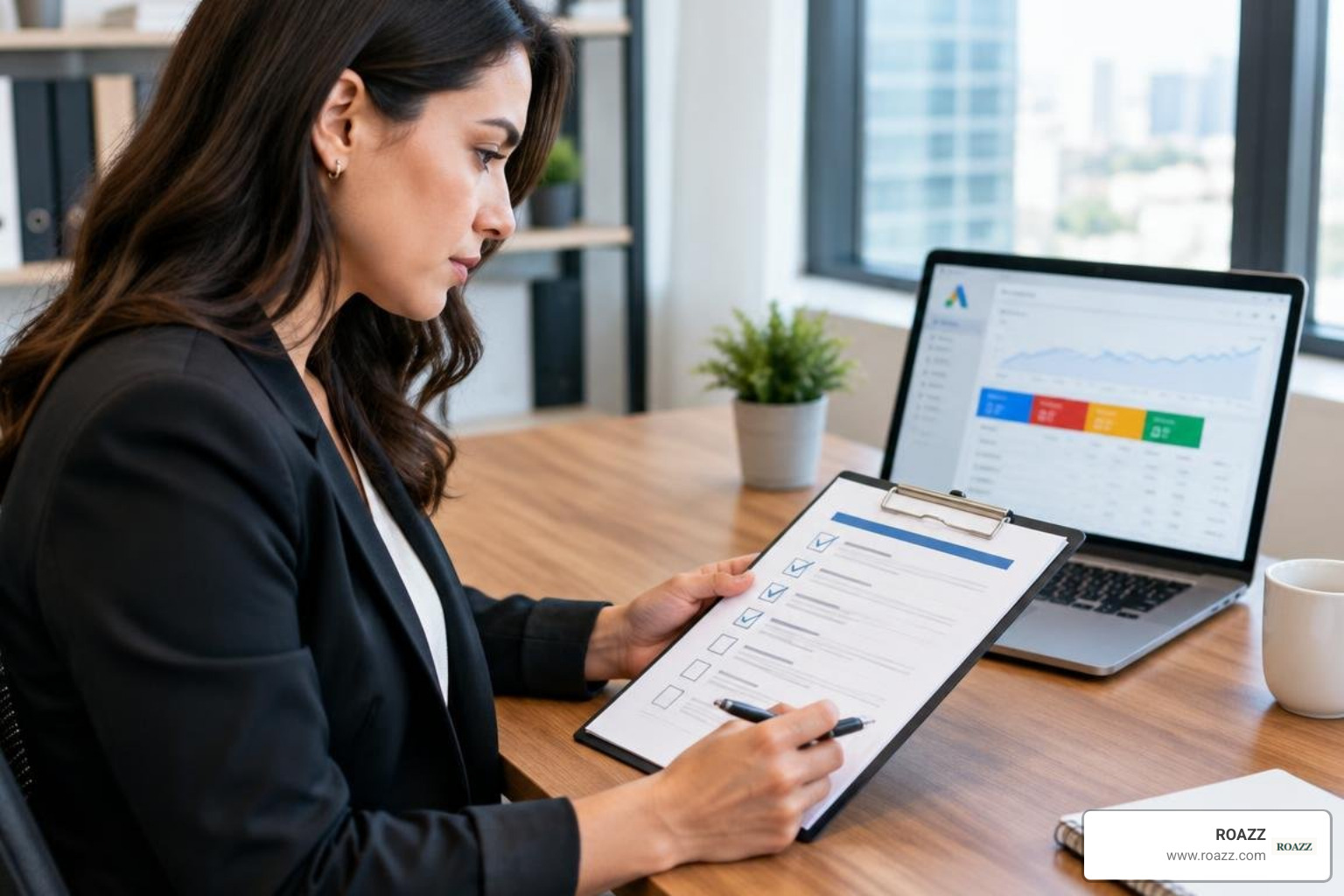 Marketing director reviewing paid search performance audit checklist Marketing director reviewing paid search performance audit checklist