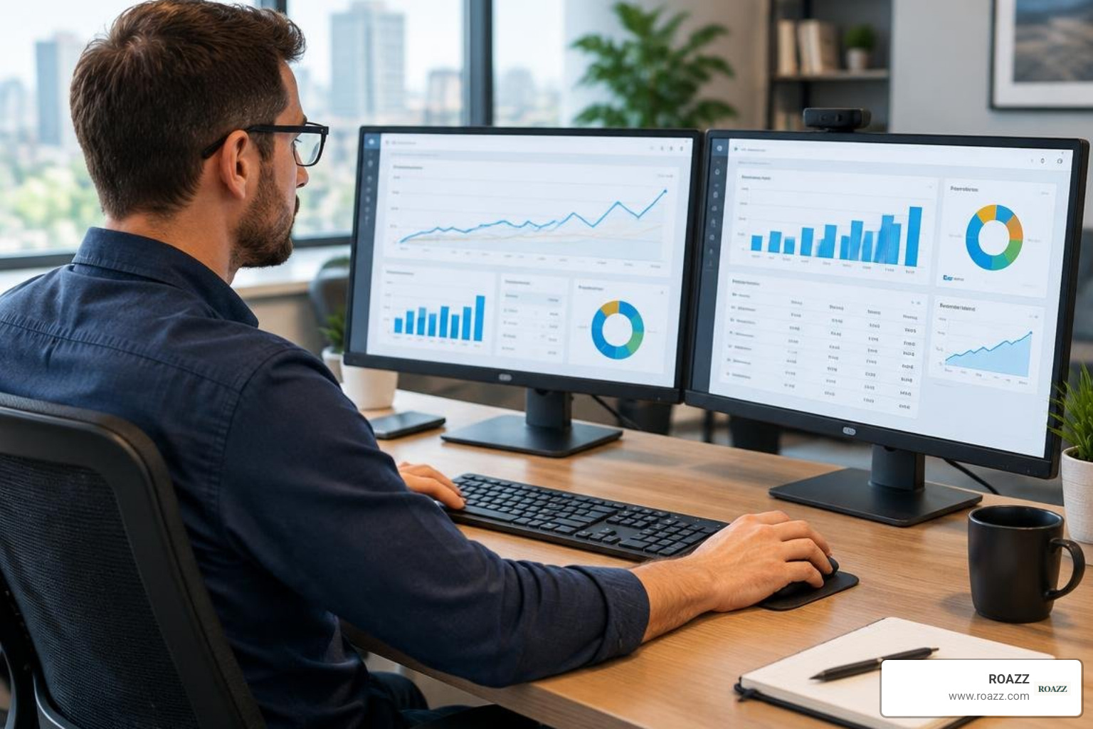 Google Ads consultant analyzing campaign data on dual monitors Google Ads consultant analyzing campaign data on dual monitors