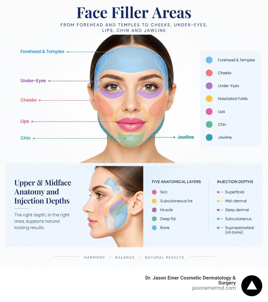 Face filler areas from forehead and temples to cheeks, under-eyes, lips, chin, and jawline infographic