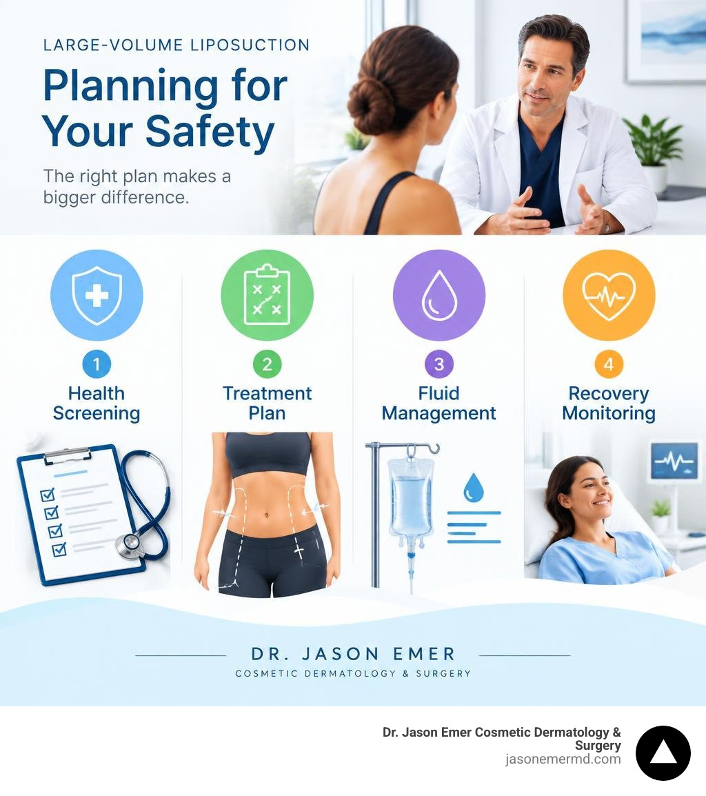 Large-volume liposuction planning: health screening, treatment plan, fluid management, and recovery monitoring infographic