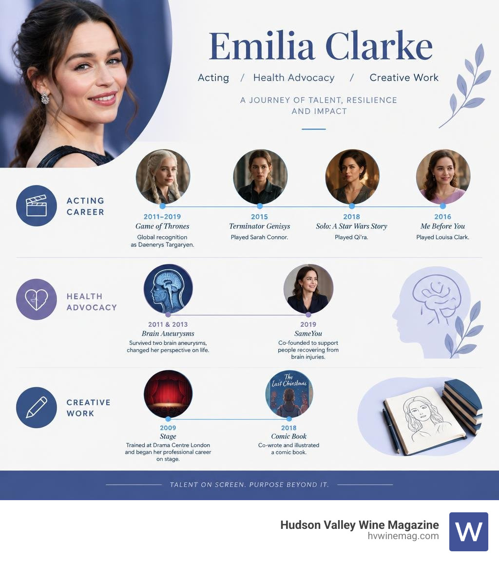 Timeline of Emilia Clarke's acting career, health advocacy, and creative work infographic Timeline of Emilia Clarke's acting career, health advocacy, and creative work infographic