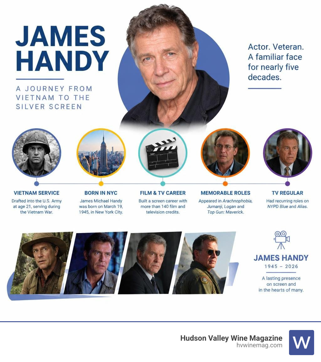 James Handy career milestones from Vietnam service to film and television roles infographic James Handy career milestones from Vietnam service to film and television roles infographic