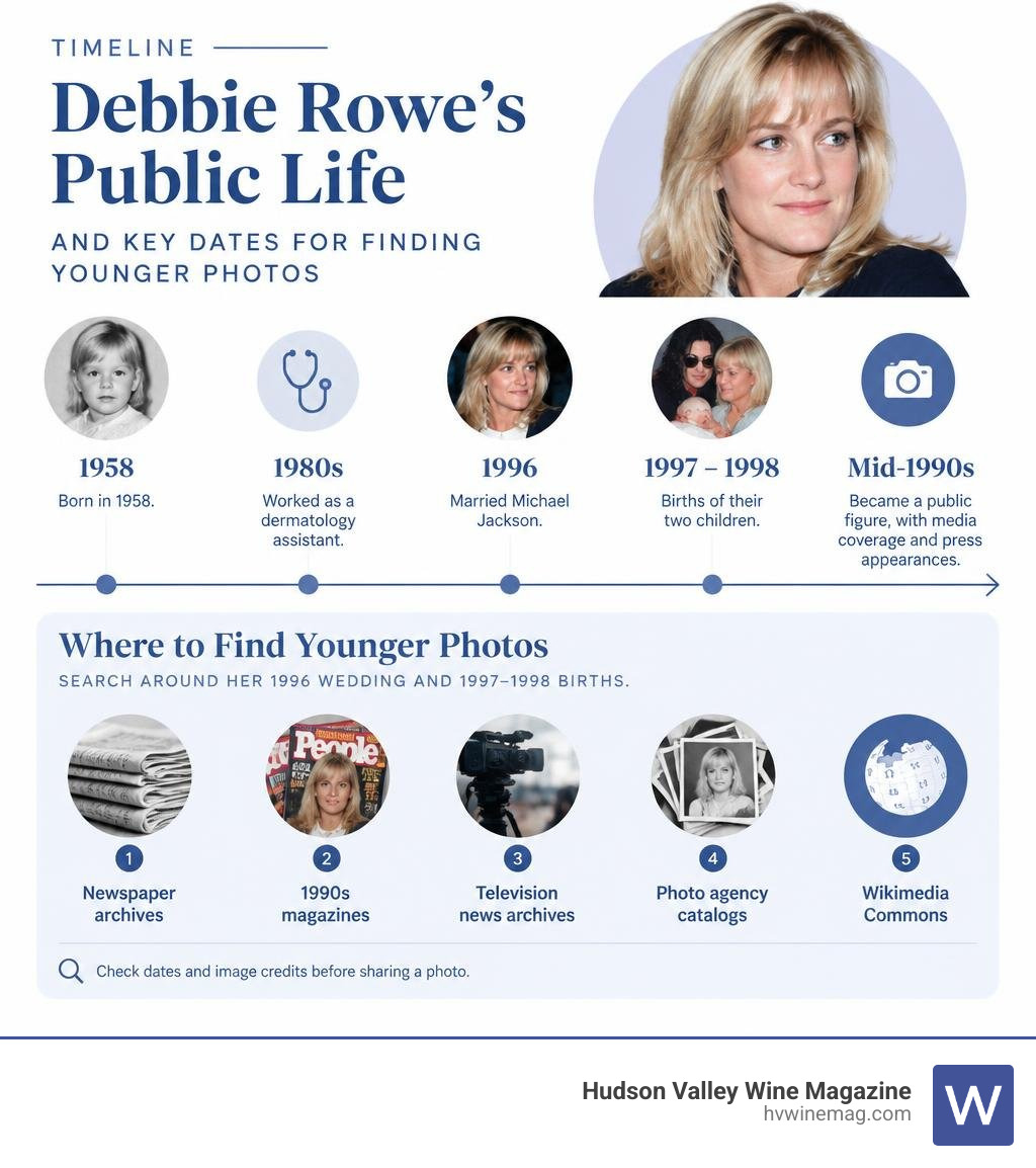 Timeline of Debbie Rowe's public life and key dates for finding younger photos infographic Timeline of Debbie Rowe's public life and key dates for finding younger photos infographic