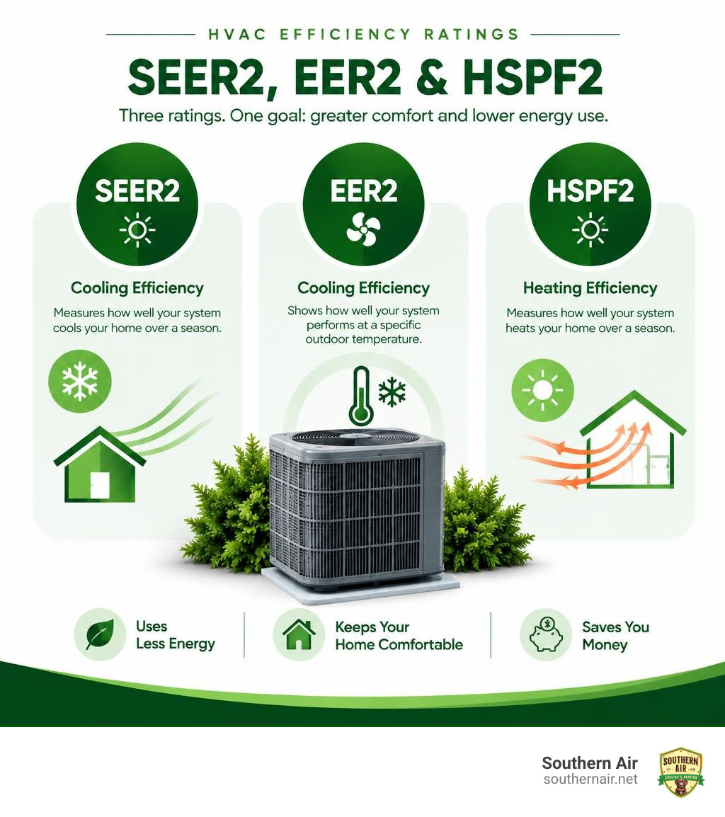 Infographic explaining SEER2, EER2, and HSPF2 HVAC efficiency ratings Infographic explaining SEER2, EER2, and HSPF2 HVAC efficiency ratings