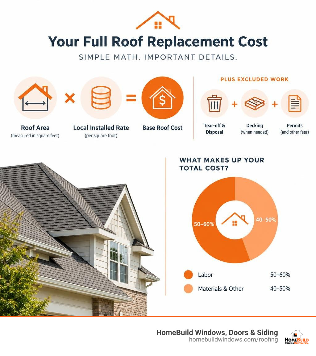 Roof area times local installed rate, plus excluded work such as tear-off, decking, and permits infographic