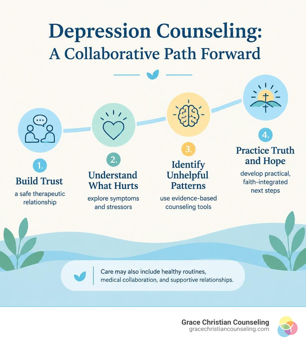 Person-centered depression counseling overview showing evidence-based therapy, supportive routines, faith-integrated care