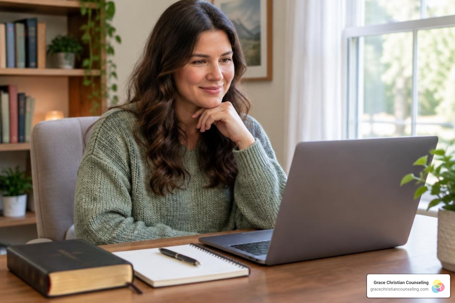 Private Christian teletherapy session at home with a Bible and notebook nearby