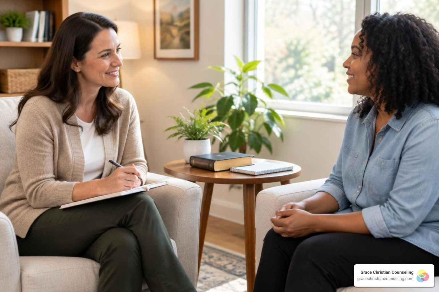 Hopeful faith-integrated counseling session in a bright, welcoming office with a licensed counselor and adult client, soft