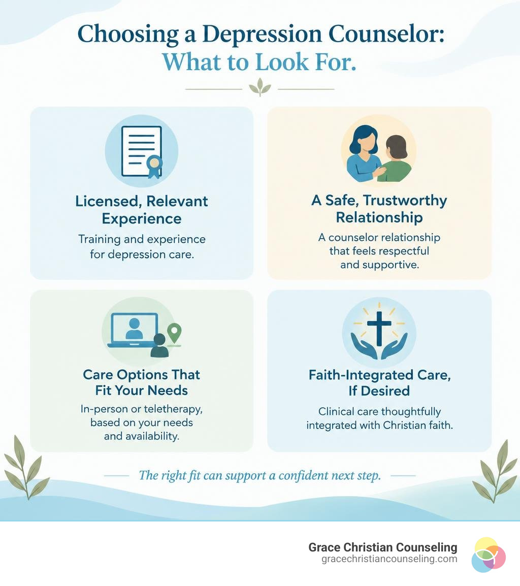 Choosing a depression counselor infographic with four checkpoints: relevant licensed experience, a safe therapeutic