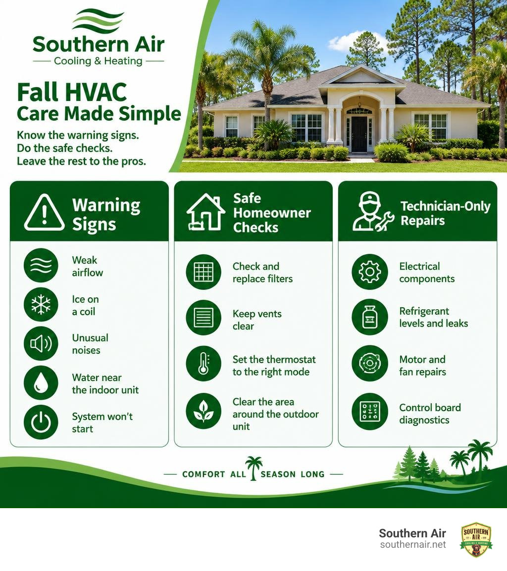 Fall HVAC warning signs, safe homeowner checks, and technician-only repairs infographic Fall HVAC warning signs, safe homeowner checks, and technician-only repairs infographic