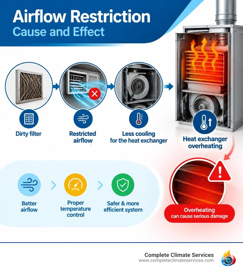 Airflow restriction cause and effect diagram showing heat exchanger overheating