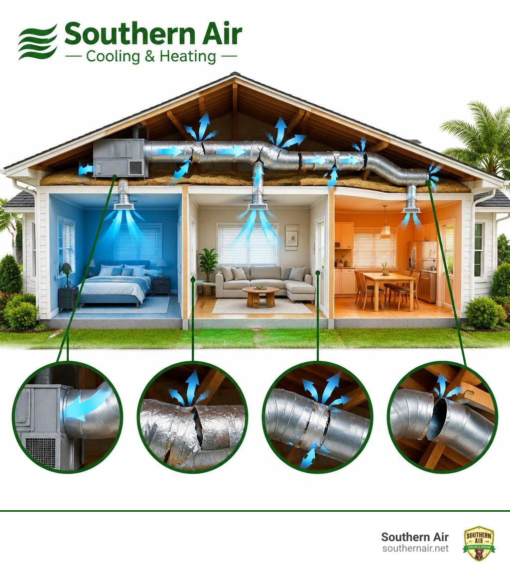 Airflow loss and duct leakage infographic showing why some rooms get less heated or cooled air Airflow loss and duct leakage infographic showing why some rooms get less heated or cooled air