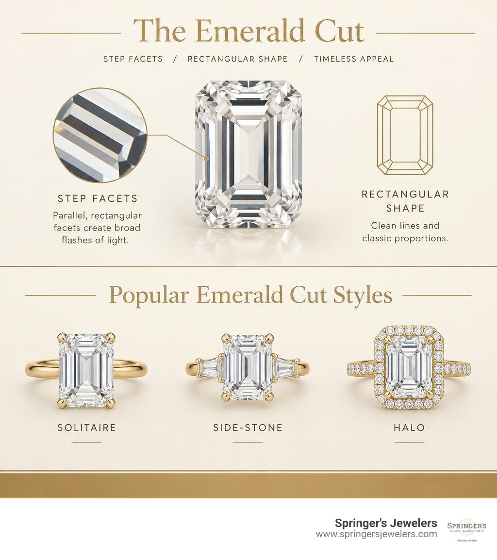 Emerald cut step facets, rectangular shape, and solitaire, side-stone, and halo styles infographic