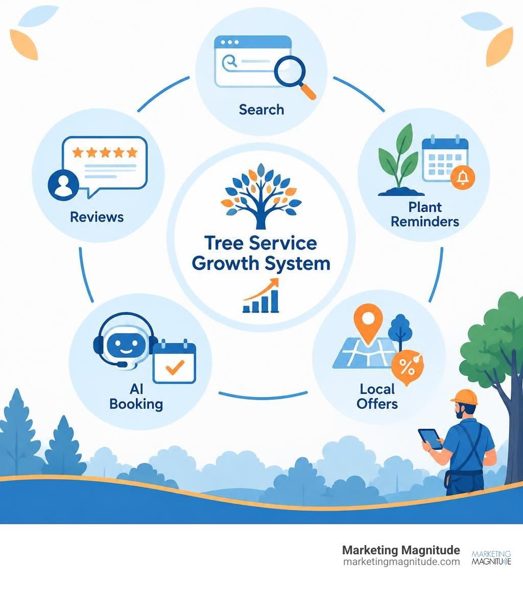 Tree service growth system with soft icons for search, plant reminders, local offers, AI booking, and reviews in blue orange Tree service growth system with soft icons for search, plant reminders, local offers, AI booking, and reviews in blue orange