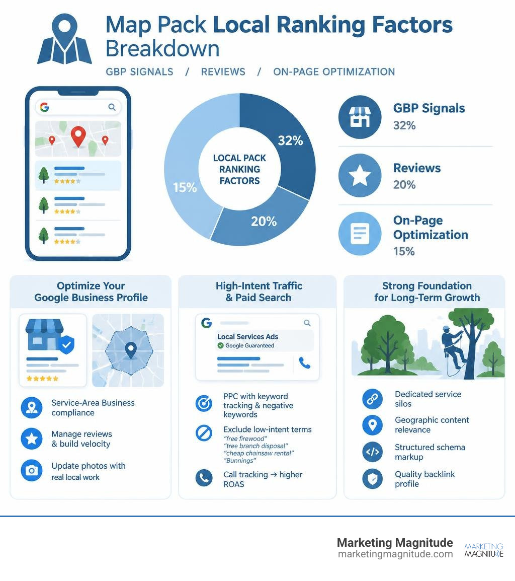 Map pack local ranking factors breakdown showing GBP signals reviews and on-page optimization infographic Map pack local ranking factors breakdown showing GBP signals reviews and on-page optimization infographic