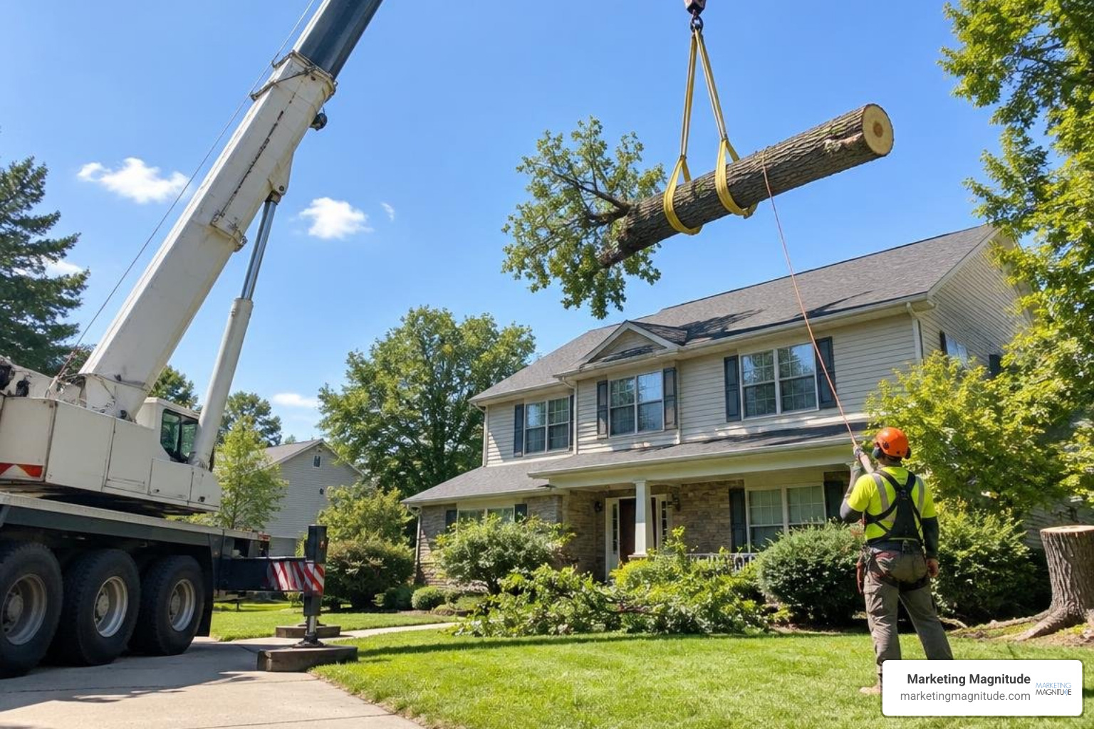 High-ticket crane tree removal next to a residential home High-ticket crane tree removal next to a residential home