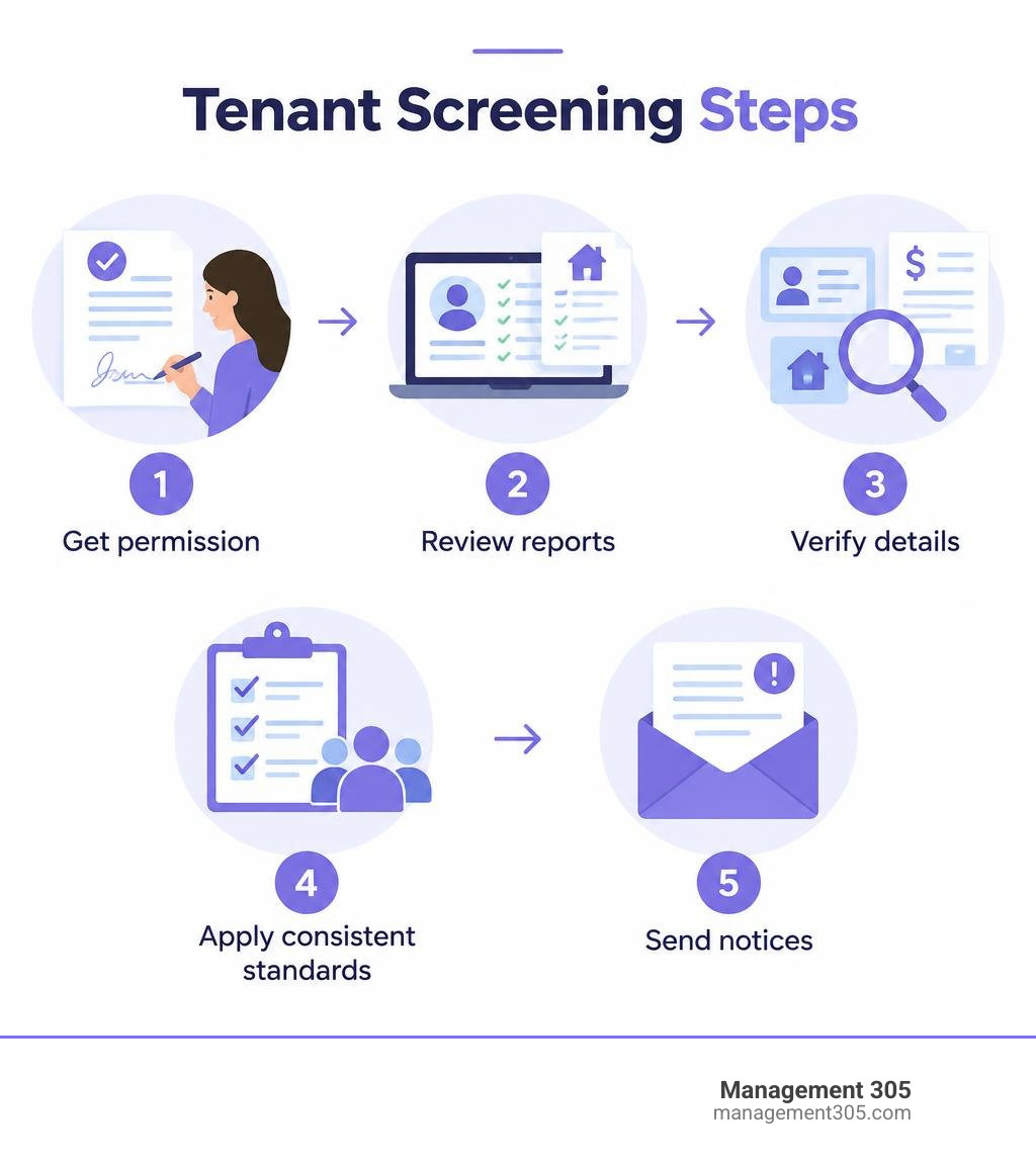 Tenant screening steps: get permission, review reports, verify details, apply consistent standards, send notices infographic