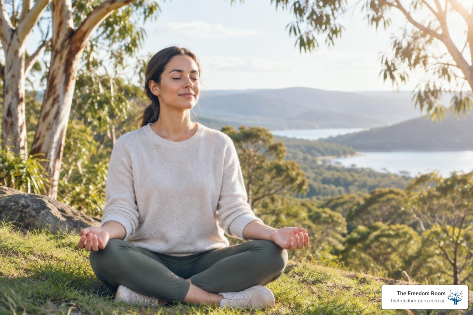 Person practicing mindful meditation in a natural Australian outdoor setting Person practicing mindful meditation in a natural Australian outdoor setting