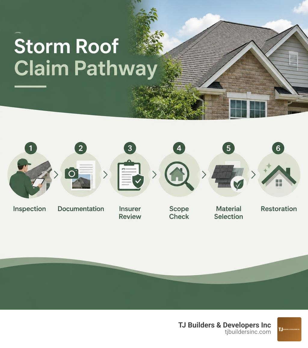 Storm roof claim pathway: inspection, documentation, insurer review, scope check, material selection, restoration infographic Storm roof claim pathway: inspection, documentation, insurer review, scope check, material selection, restoration infographic