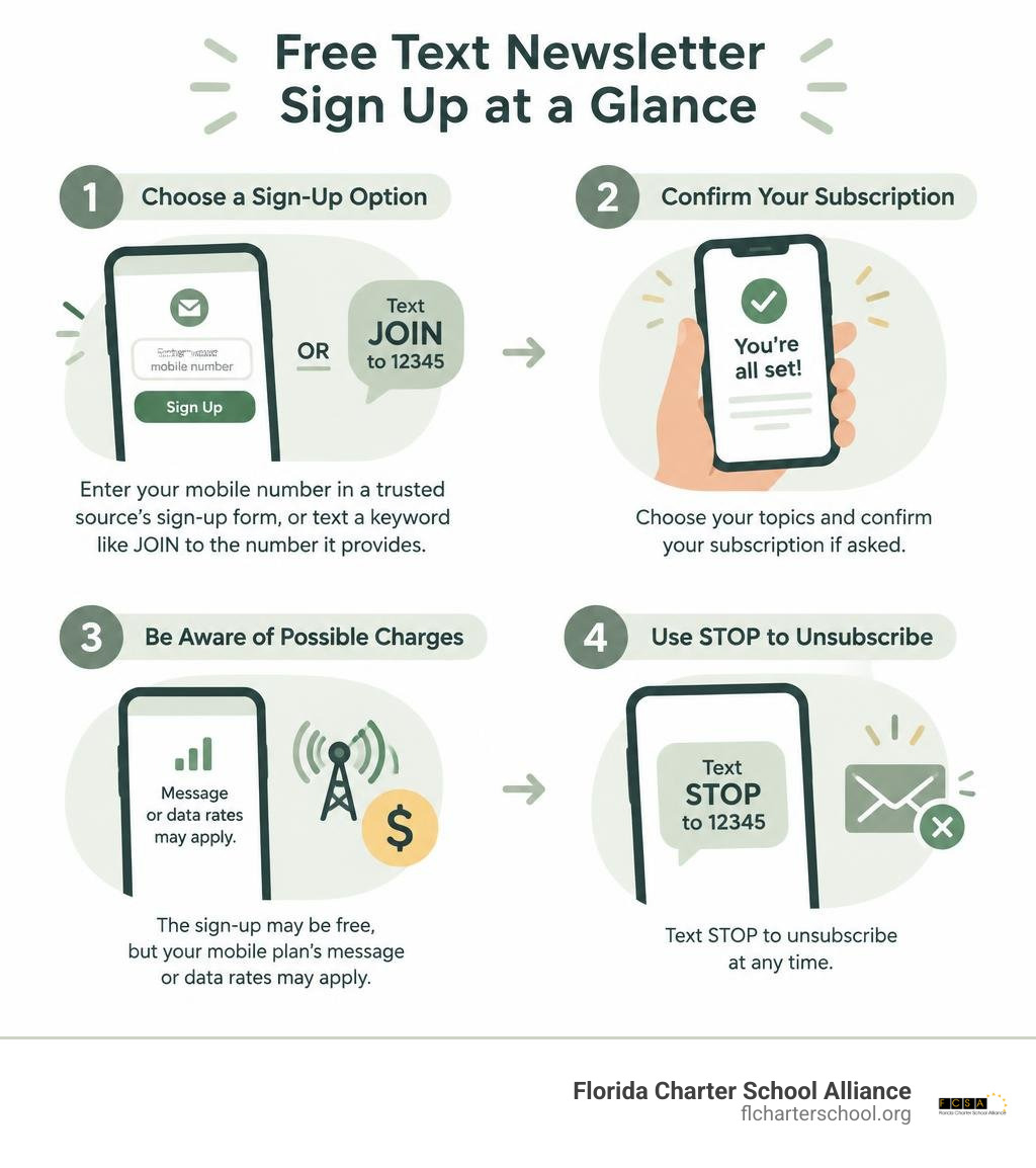 Free text newsletter signup options, confirmation, possible carrier charges, and STOP to unsubscribe infographic Free text newsletter signup options, confirmation, possible carrier charges, and STOP to unsubscribe infographic