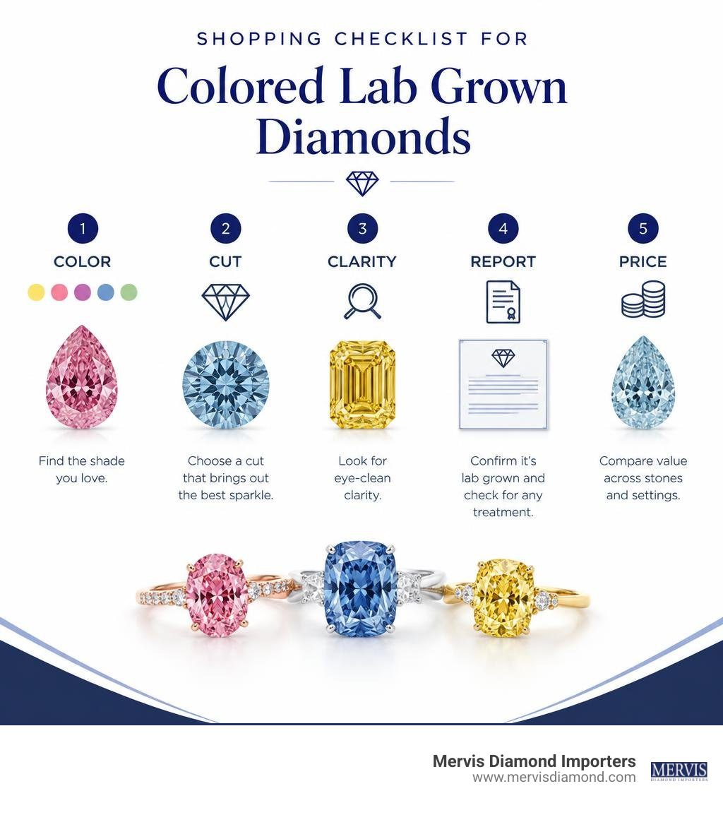 Shopping checklist for colored lab grown diamonds: color, cut, clarity, report, and price infographic Shopping checklist for colored lab grown diamonds: color, cut, clarity, report, and price infographic