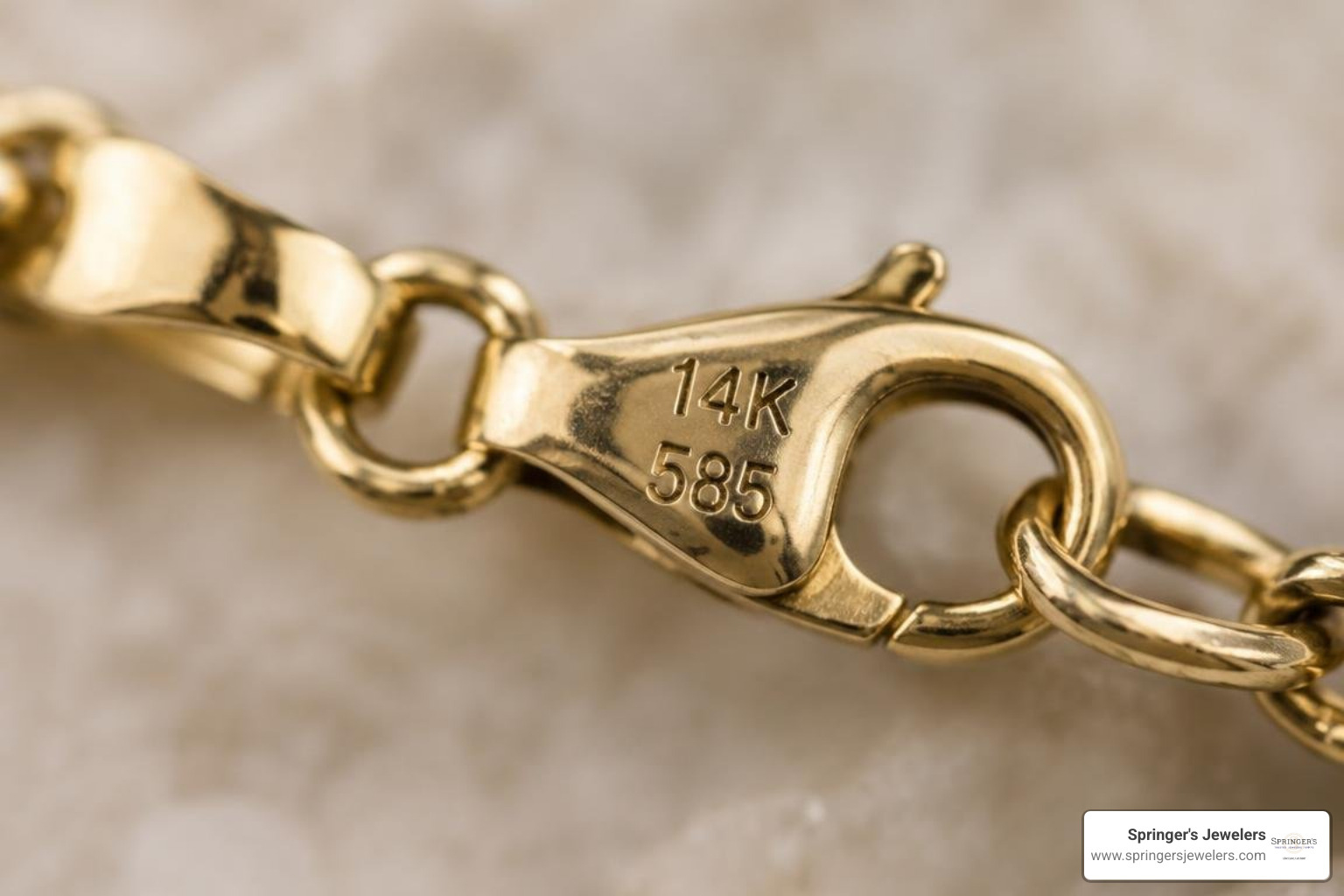 Magnified view of authentic 14K and 585 hallmark stamps on a gold clasp Magnified view of authentic 14K and 585 hallmark stamps on a gold clasp