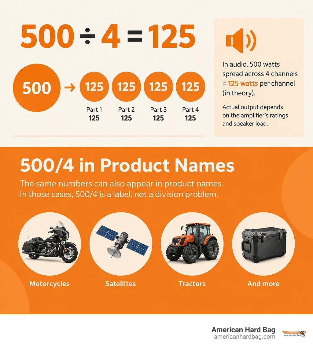 Infographic showing 500 divided by 4 equals 125 and how 500/4 can also appear in product names infographic Infographic showing 500 divided by 4 equals 125 and how 500/4 can also appear in product names infographic
