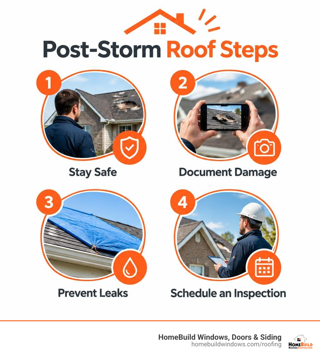 Post-storm roof steps: stay safe, document damage, prevent leaks, and schedule an inspection infographic