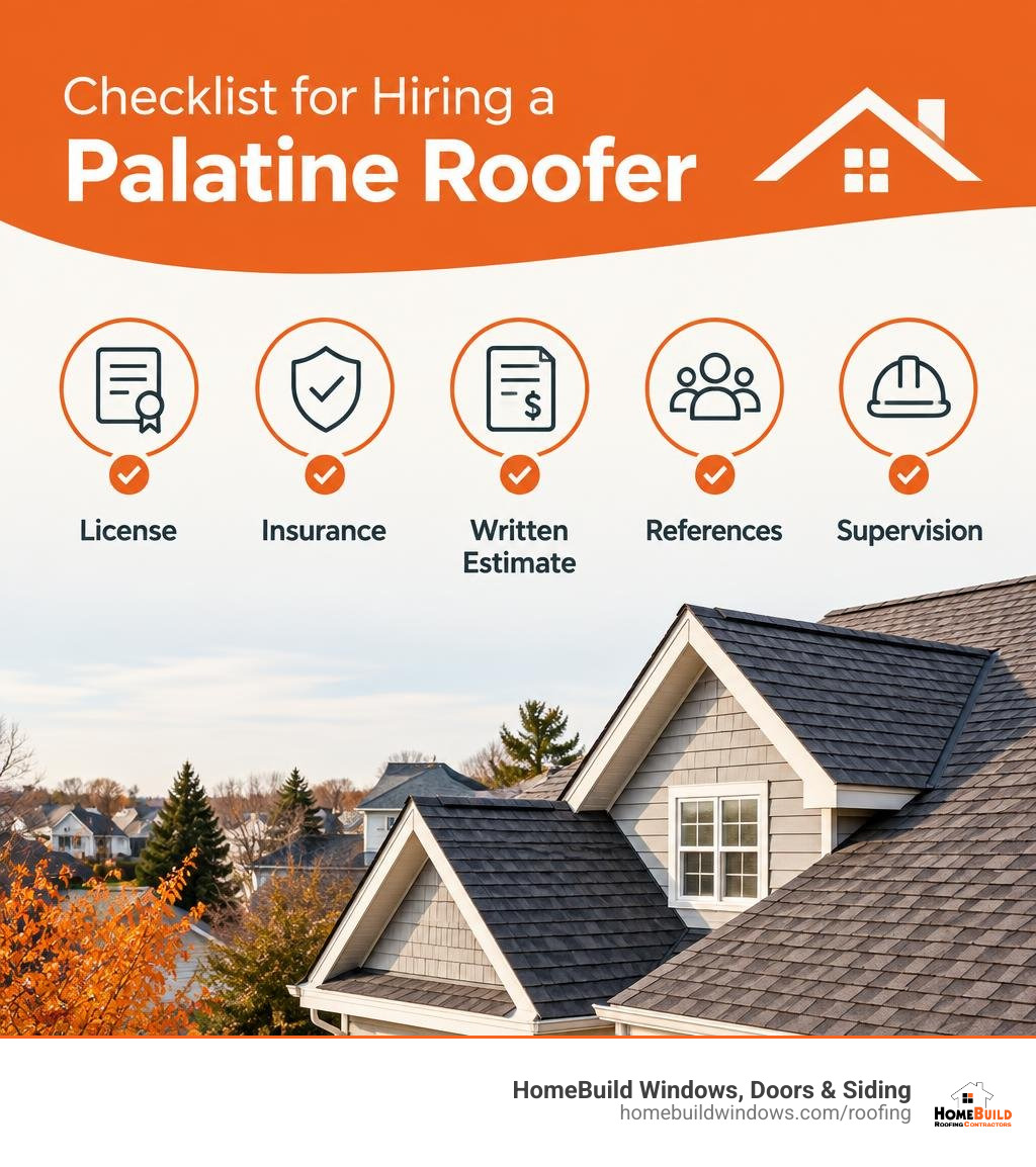 Checklist for hiring a Palatine roofer: license, insurance, written estimate, references, and supervision infographic