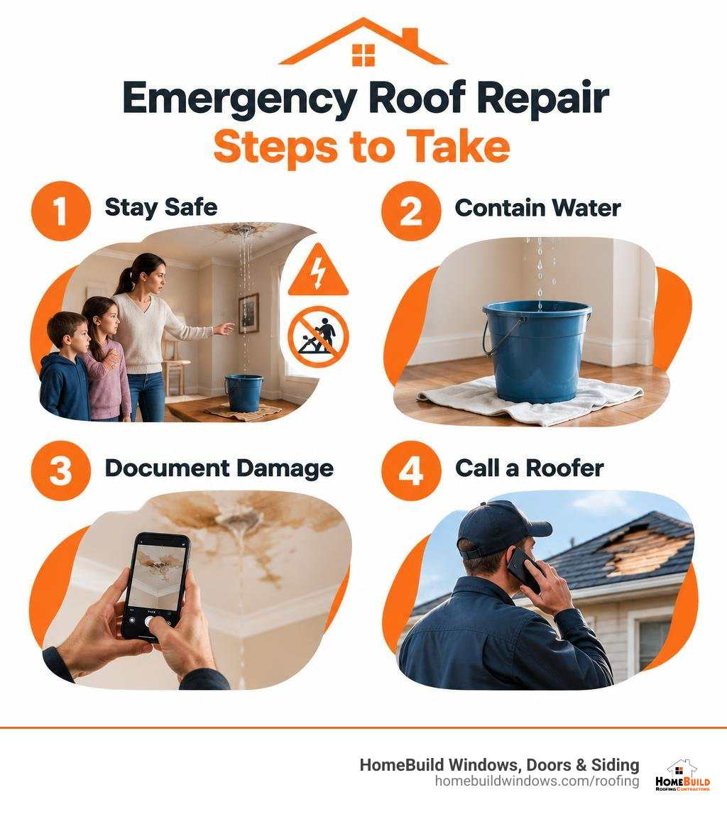 Emergency roof repair steps: stay safe, contain water, document damage, call a roofer infographic