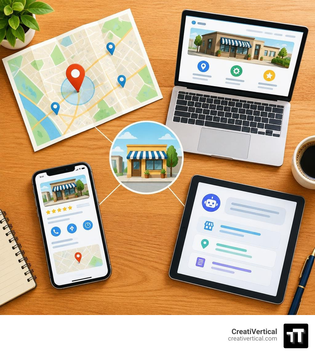 Text-free local visibility infographic with map, website, AI search, and phone in a balanced vintage flat lay infographic