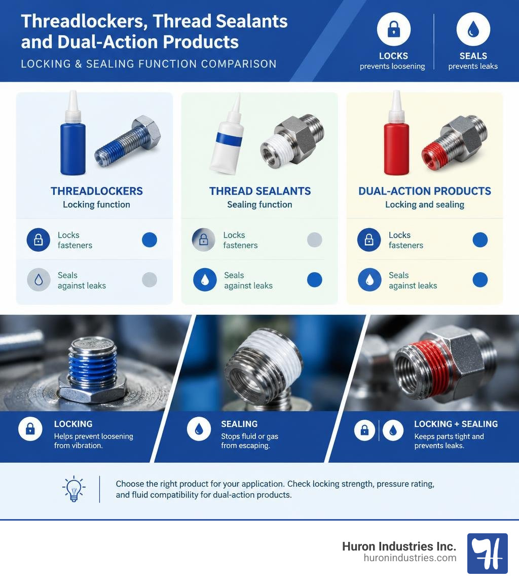 Comparison of threadlockers, thread sealants, and dual-action products by locking and sealing function infographic Comparison of threadlockers, thread sealants, and dual-action products by locking and sealing function infographic