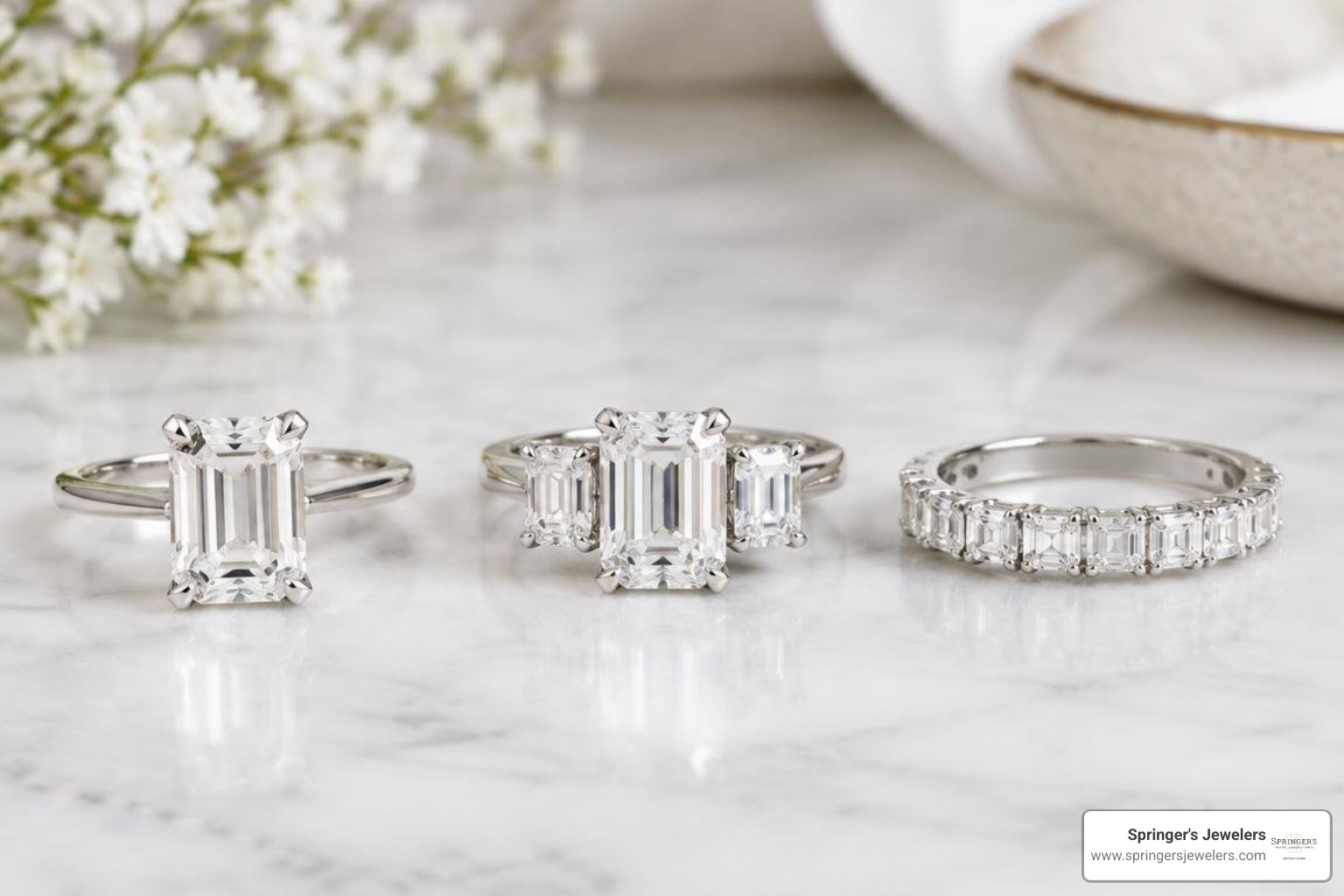 solitaire three stone and halo settings for emerald cut rings