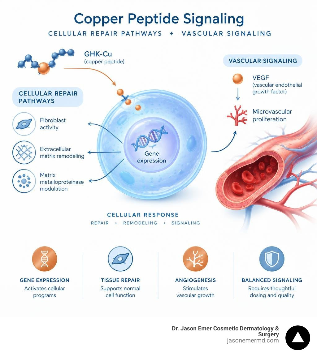 Infographic illustrating copper peptide cellular repair pathways and vascular signaling considerations infographic