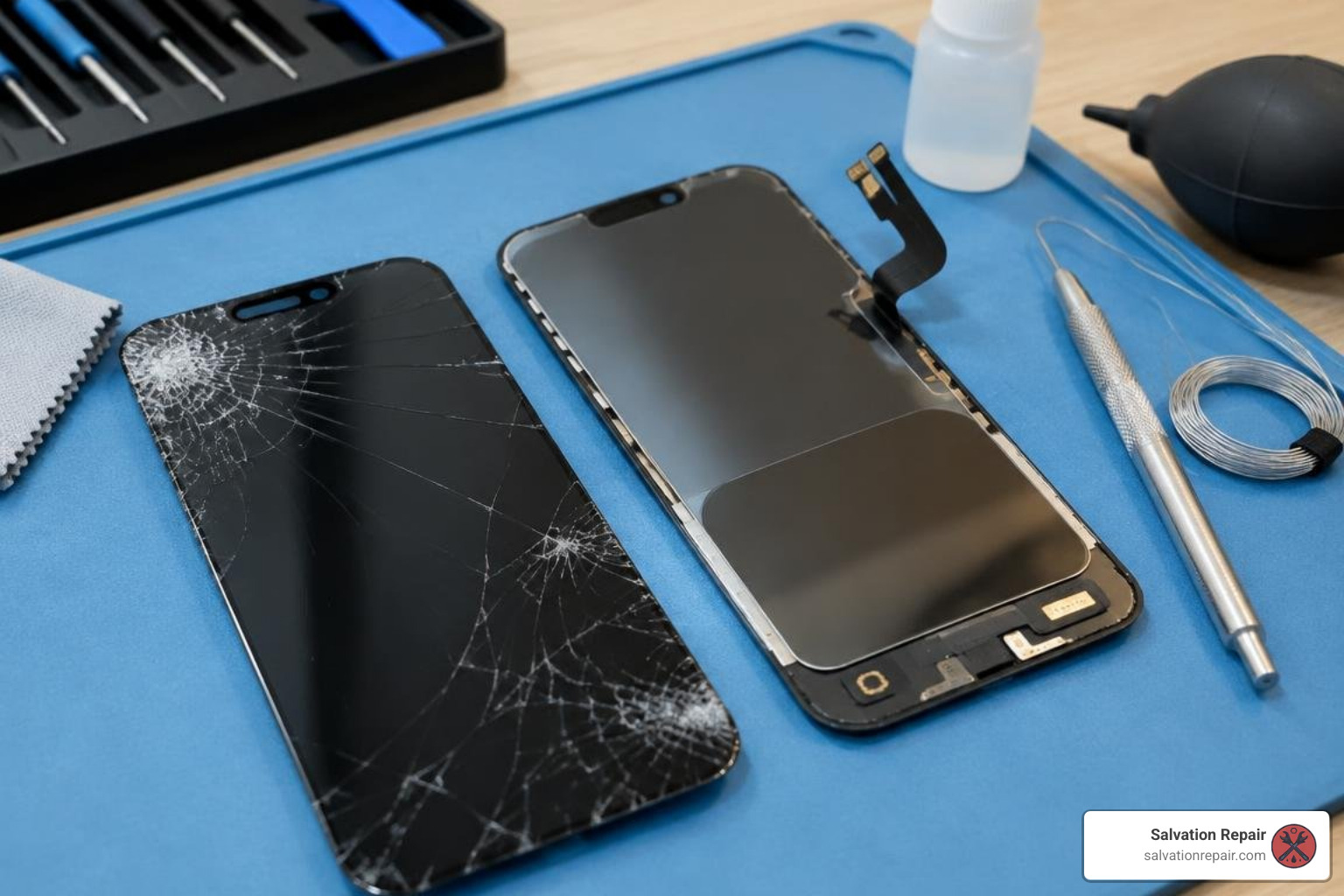 separated OLED panel and outer glass layer on workbench