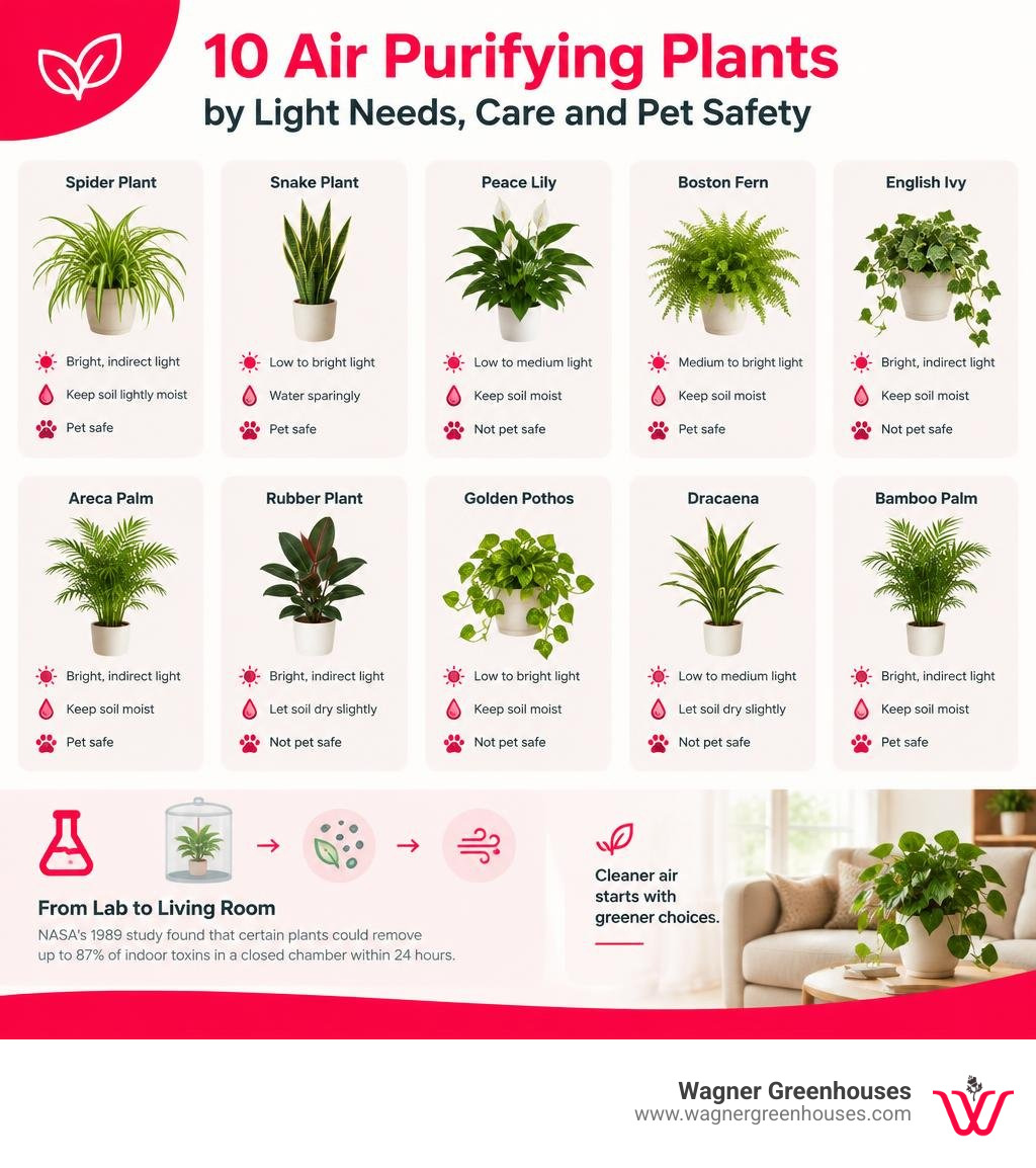 Comparison of 10 air purifying plants by light needs, care, and pet safety infographic