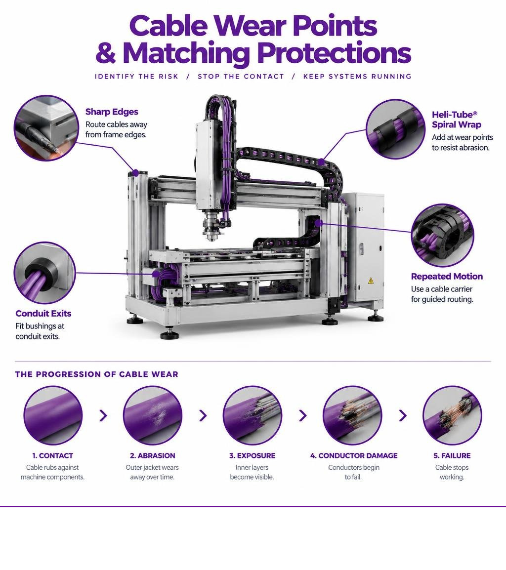 Infographic of machinery cable wear points and matching protections in company brand colors infographic Infographic of machinery cable wear points and matching protections in company brand colors infographic