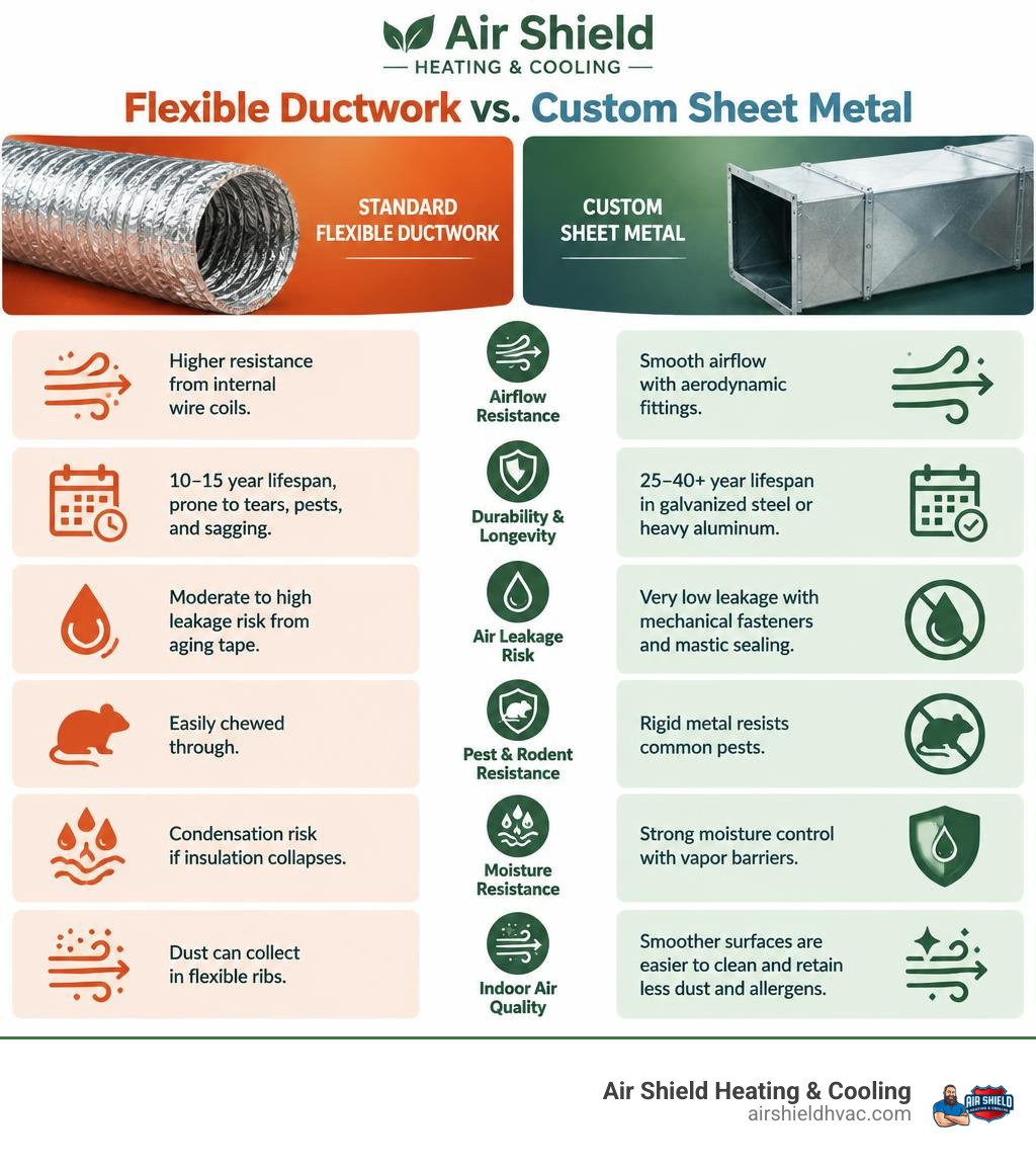 Colorful comparison infographic of standard flexible ductwork and custom fabricated sheet metal ductwork, covering airflow