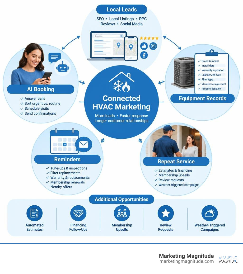 Connected HVAC marketing: local leads, AI booking, equipment records, reminders, and repeat service infographic Connected HVAC marketing: local leads, AI booking, equipment records, reminders, and repeat service infographic
