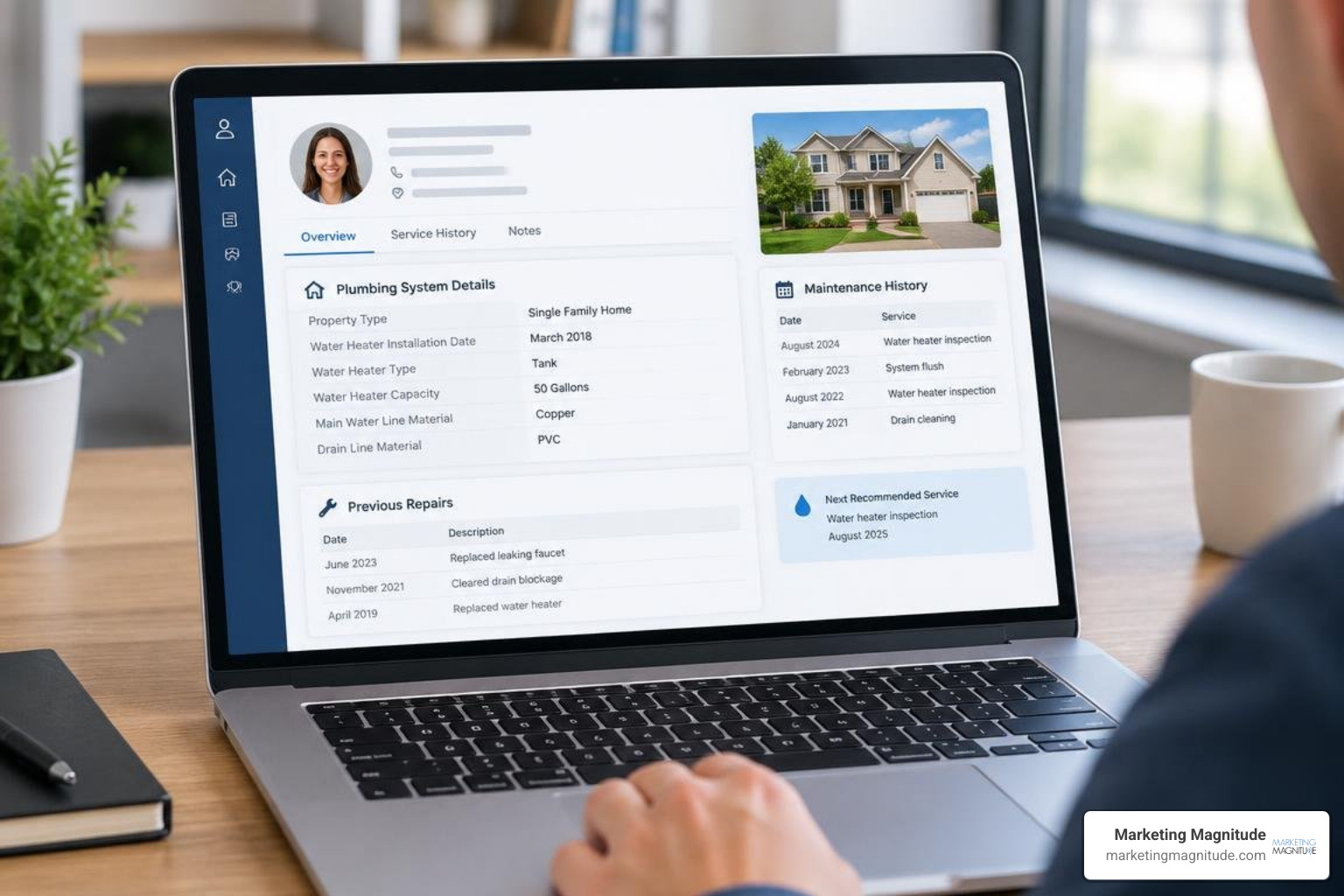 CRM customer profile interface showing plumbing system details CRM customer profile interface showing plumbing system details