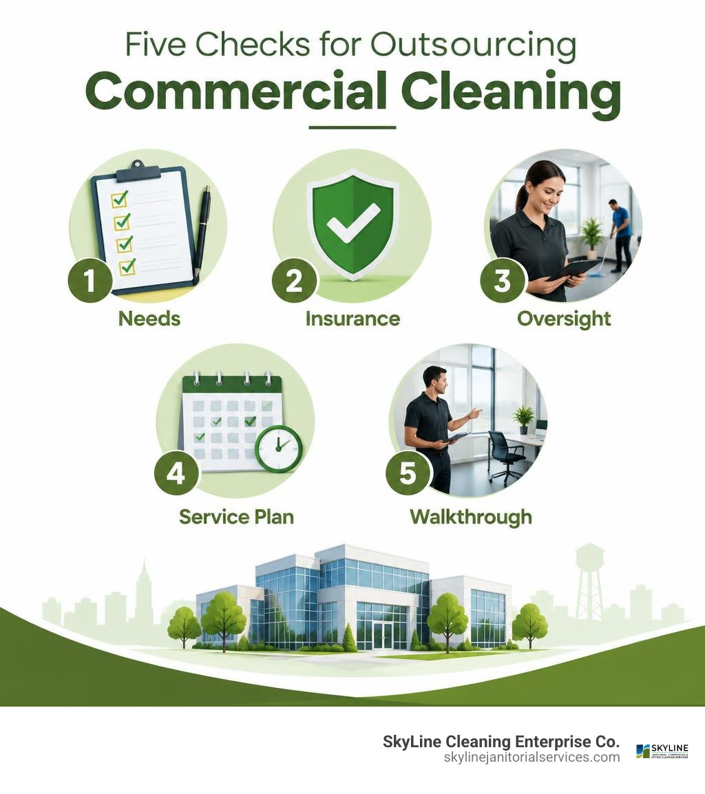 Five checks for outsourcing commercial cleaning: needs, insurance, oversight, service plan, walkthrough infographic