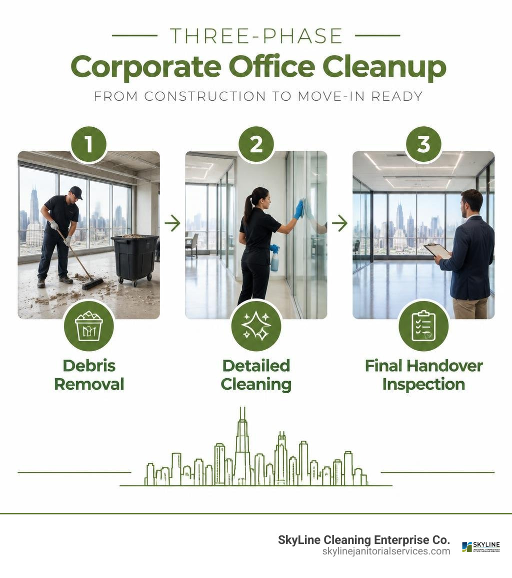 Three-phase corporate office cleanup: debris removal, detailed cleaning, and final handover inspection infographic Three-phase corporate office cleanup: debris removal, detailed cleaning, and final handover inspection infographic